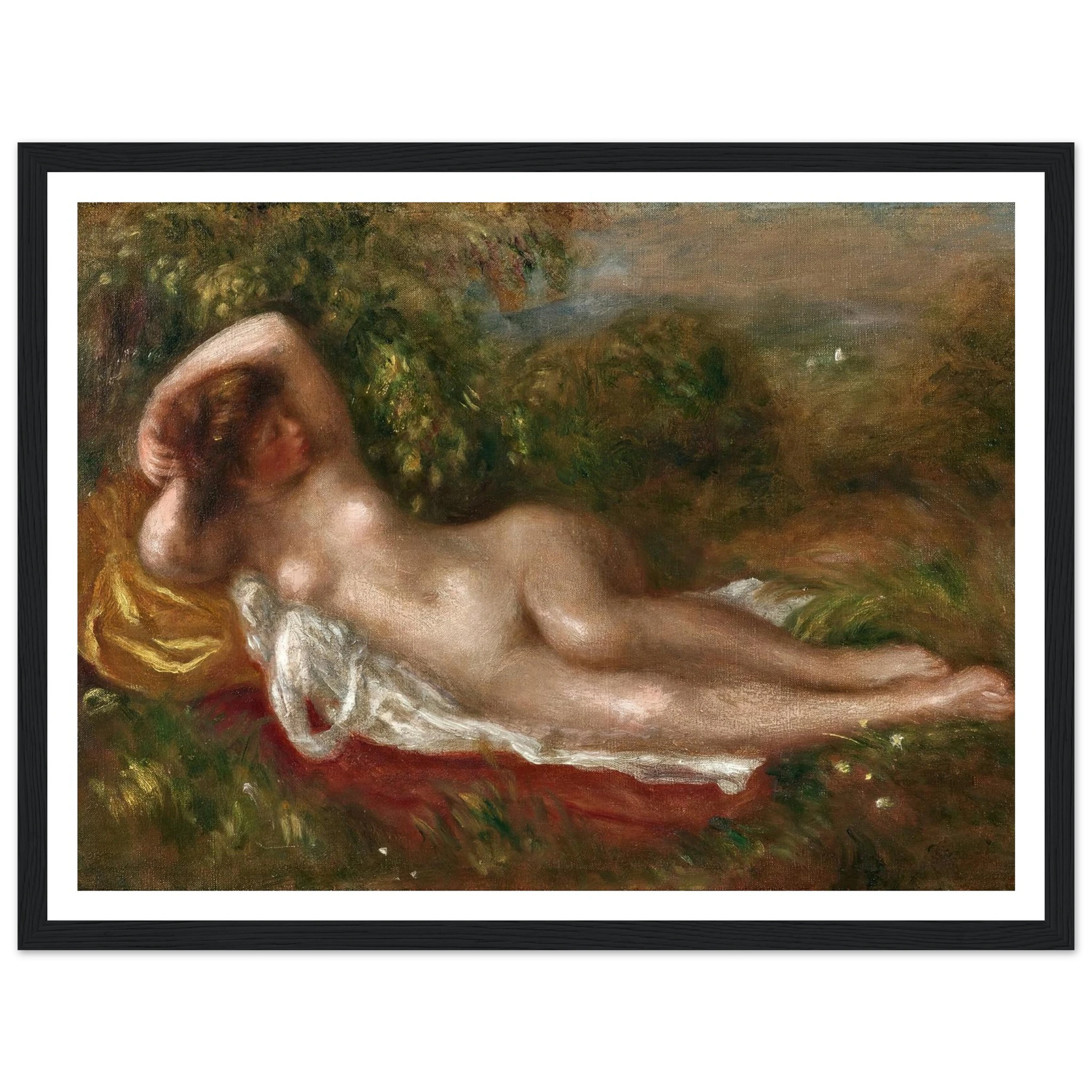 Jeune femme nue couchée dans l’herbe (circa 1900) Art Print | Pierre Auguste Renoir - Framed Poster - 30x40 cm / 12x16″ - Black frame