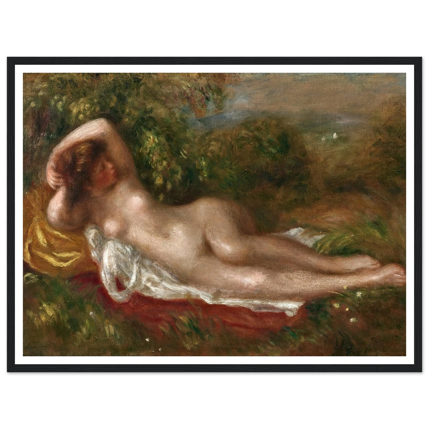 Jeune femme nue couchée dans l’herbe (circa 1900) Art Print | Pierre Auguste Renoir - Framed Poster - 30x40 cm / 12x16″ - Black frame