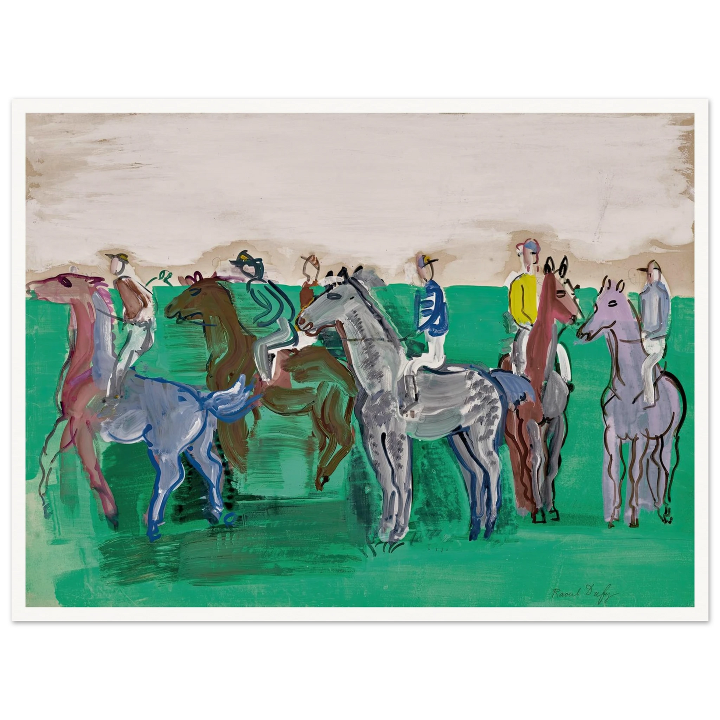 Jockeys et chevaux avant le départ (circa 1930) Art Print | Raoul Dufy - Framed Poster - 30x40 cm / 12x16″ - Black frame