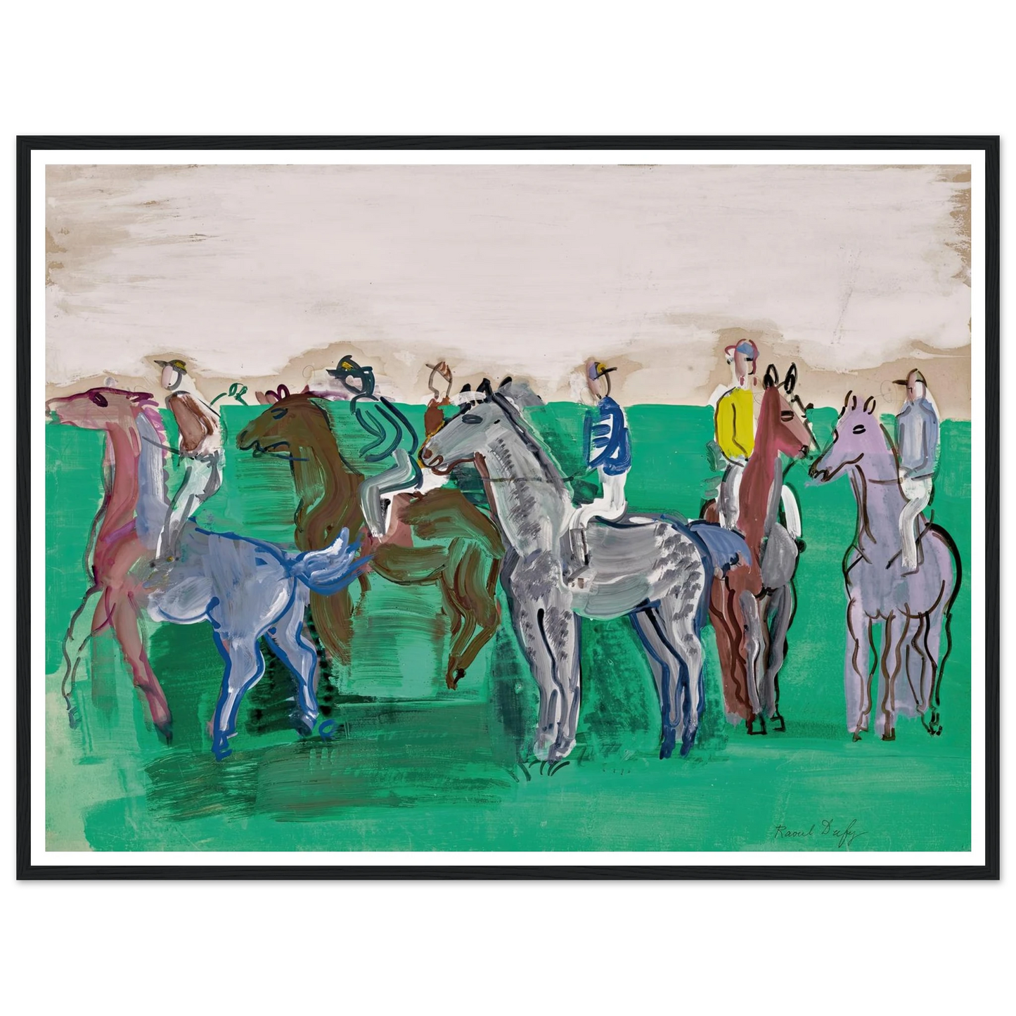 Jockeys et chevaux avant le départ (circa 1930) Art Print | Raoul Dufy - Framed Poster - 30x40 cm / 12x16″ - Black frame