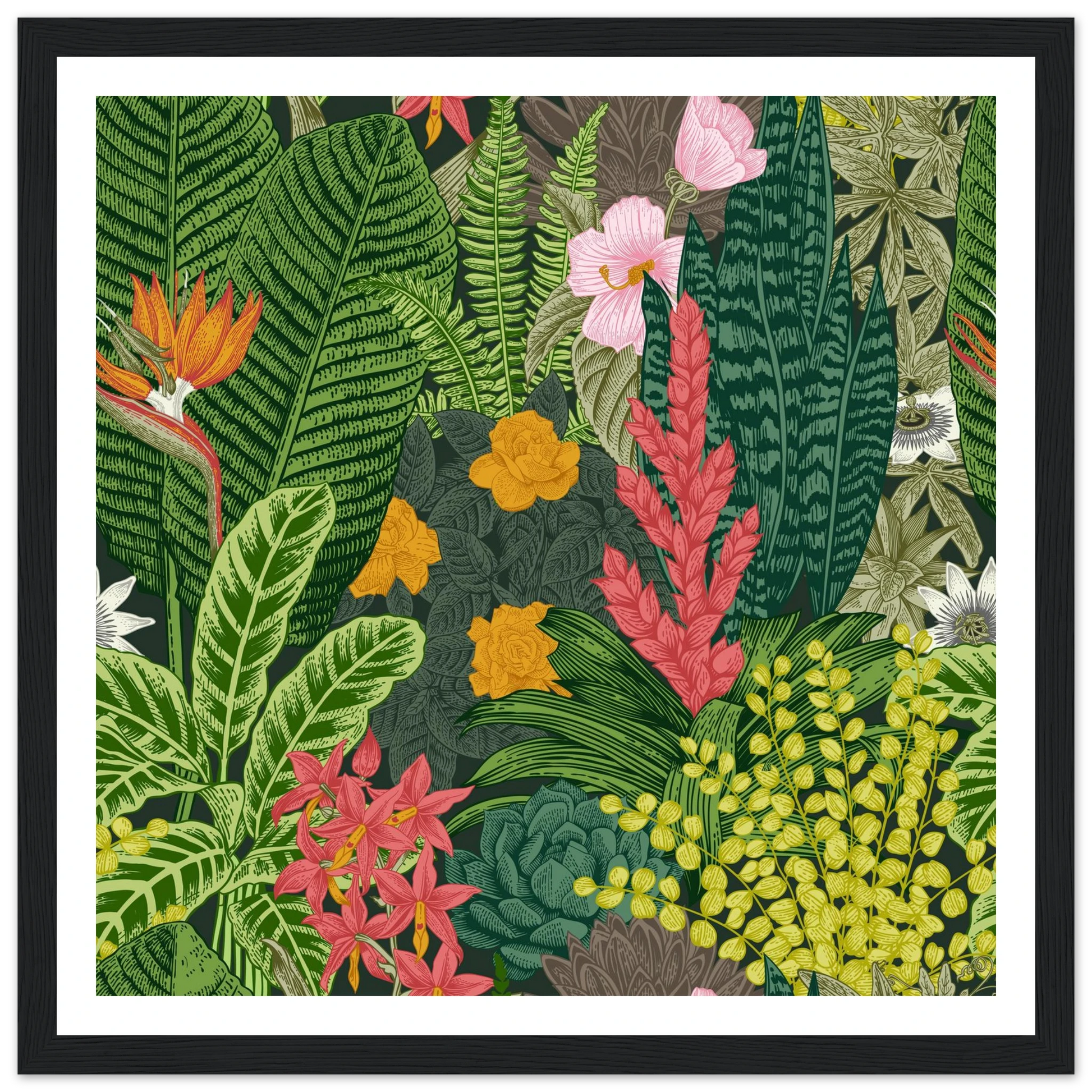 Jungle Terrarium Scene Art Print | William Morris Inspired - Framed Poster - 30x30 cm / 12x12″ - Black frame