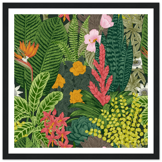 Jungle Terrarium Scene Art Print | William Morris Inspired - Framed Poster - 30x30 cm / 12x12″ - Black frame