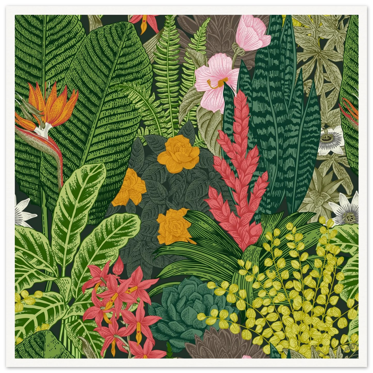 Jungle Terrarium Scene Art Print | William Morris Inspired - Framed Poster - 30x30 cm / 12x12″ - Black frame