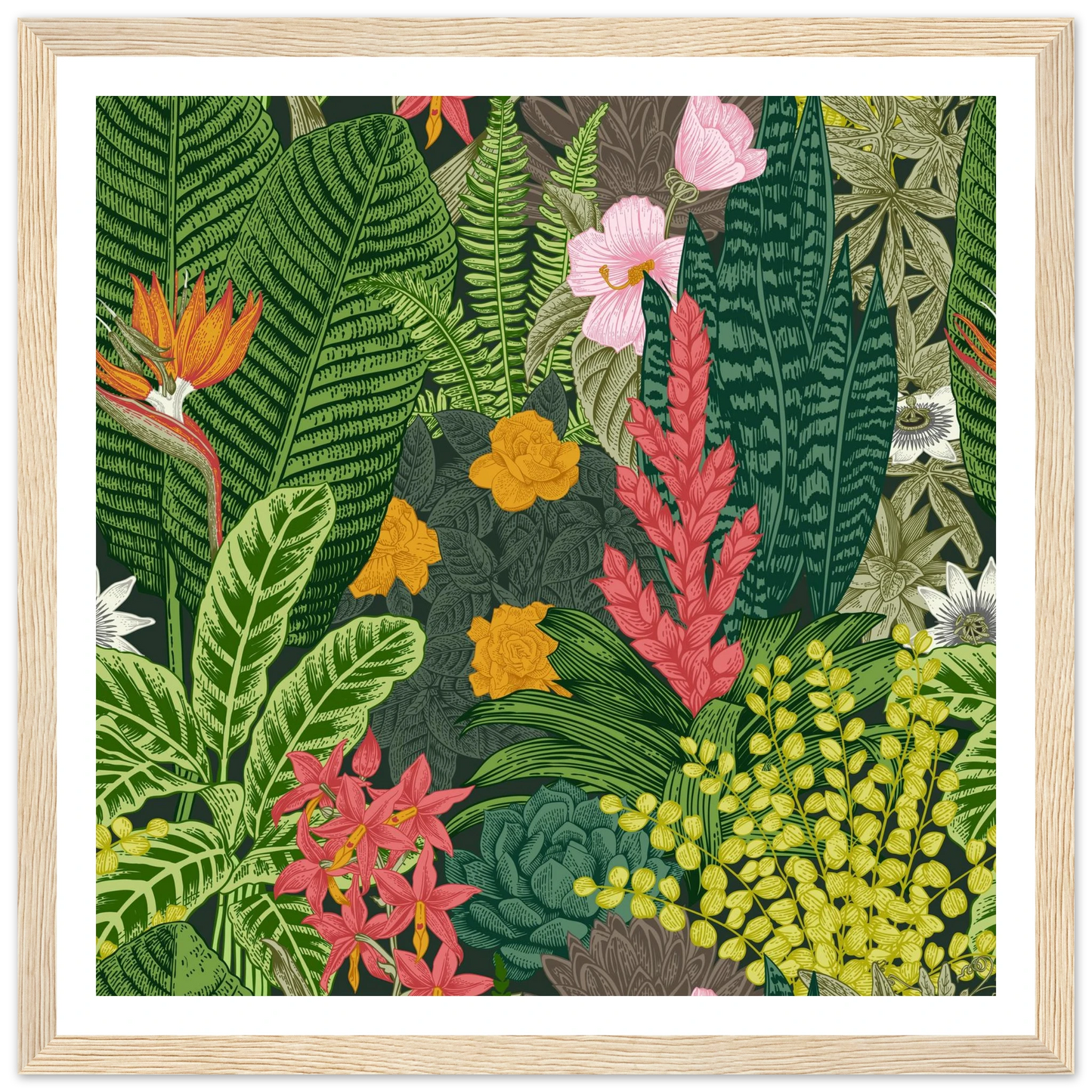 Jungle Terrarium Scene Art Print | William Morris Inspired - Framed Poster - 30x30 cm / 12x12″ - Black frame