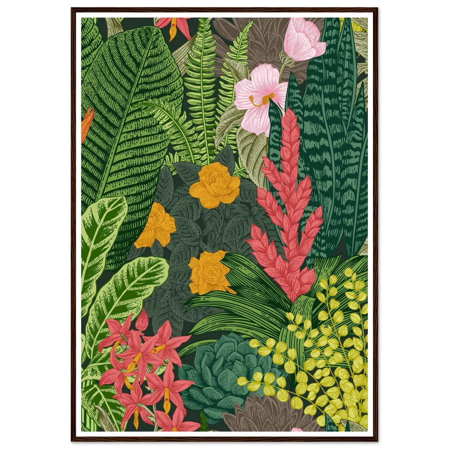 Jungle Terrarium Scene Art Print | William Morris Inspired - Framed Poster - 30x30 cm / 12x12″ - Black frame