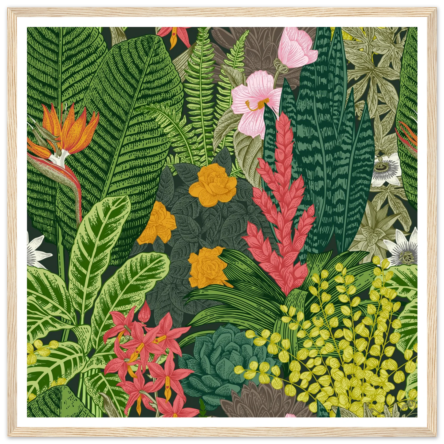 Jungle Terrarium Scene Art Print | William Morris Inspired - Framed Poster - 30x30 cm / 12x12″ - Black frame