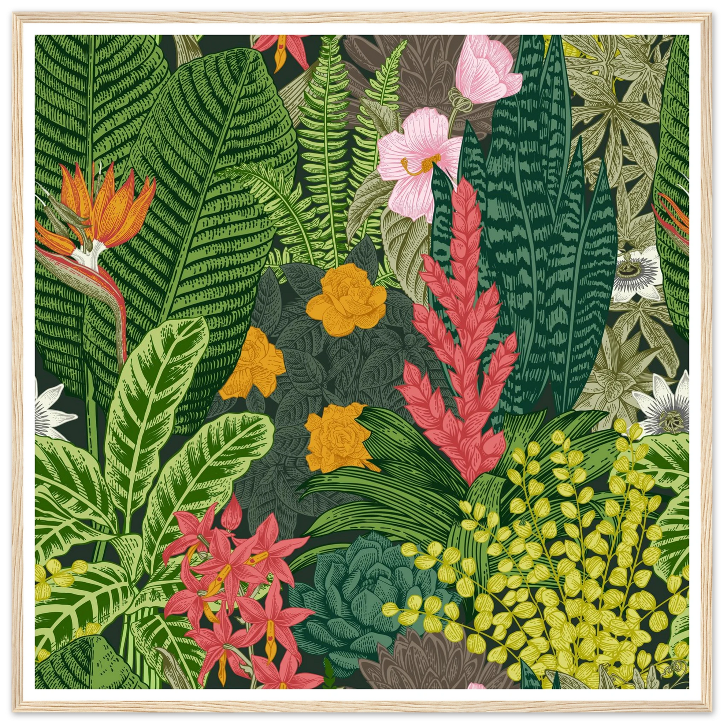 Jungle Terrarium Scene Art Print | William Morris Inspired - Framed Poster - 30x30 cm / 12x12″ - Black frame