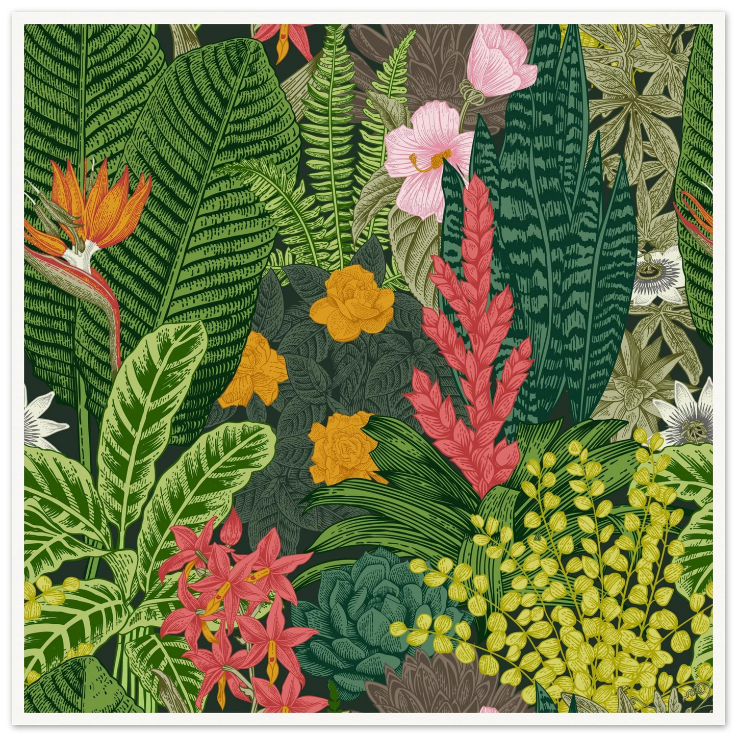 Jungle Terrarium Scene Art Print | William Morris Inspired - Framed Poster - 30x30 cm / 12x12″ - Black frame