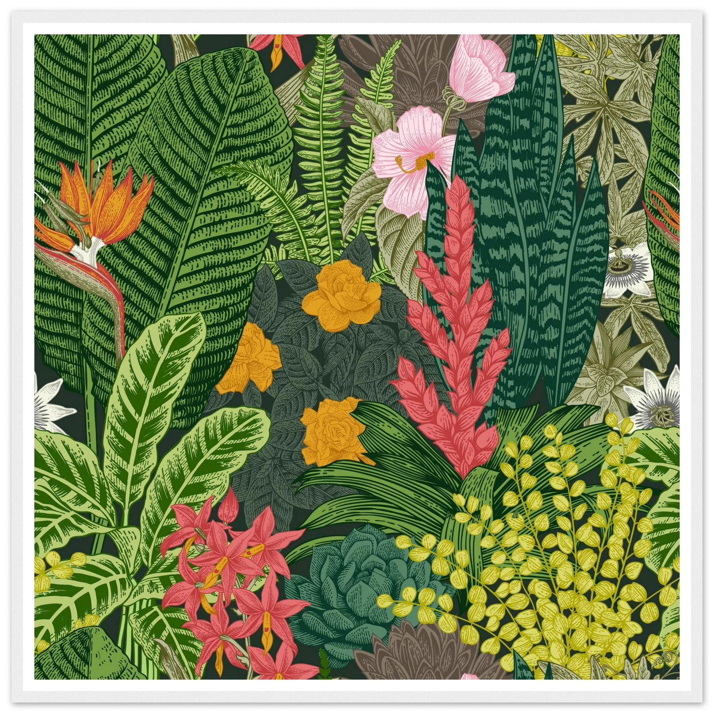 Jungle Terrarium Scene Art Print | William Morris Inspired - Framed Poster - 30x30 cm / 12x12″ - Black frame