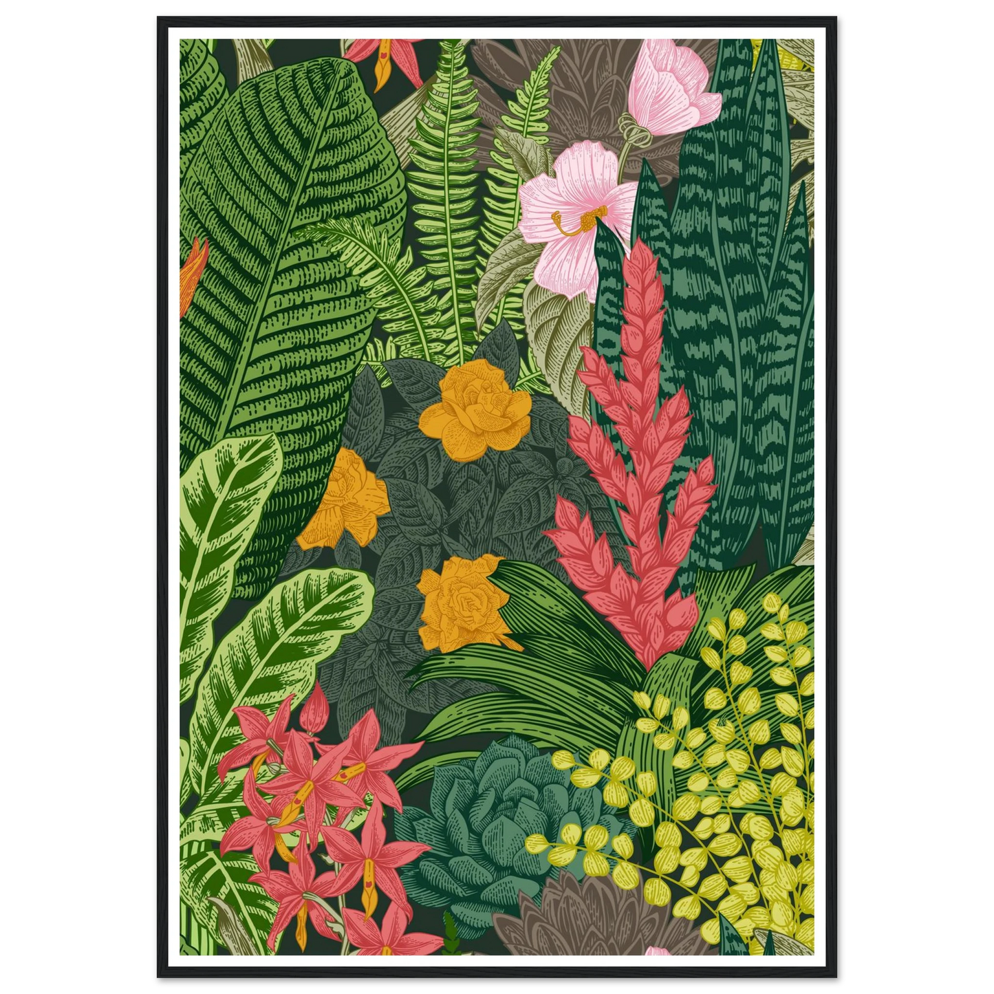 Jungle Terrarium Scene Art Print | William Morris Inspired - Framed Poster - 30x30 cm / 12x12″ - Black frame