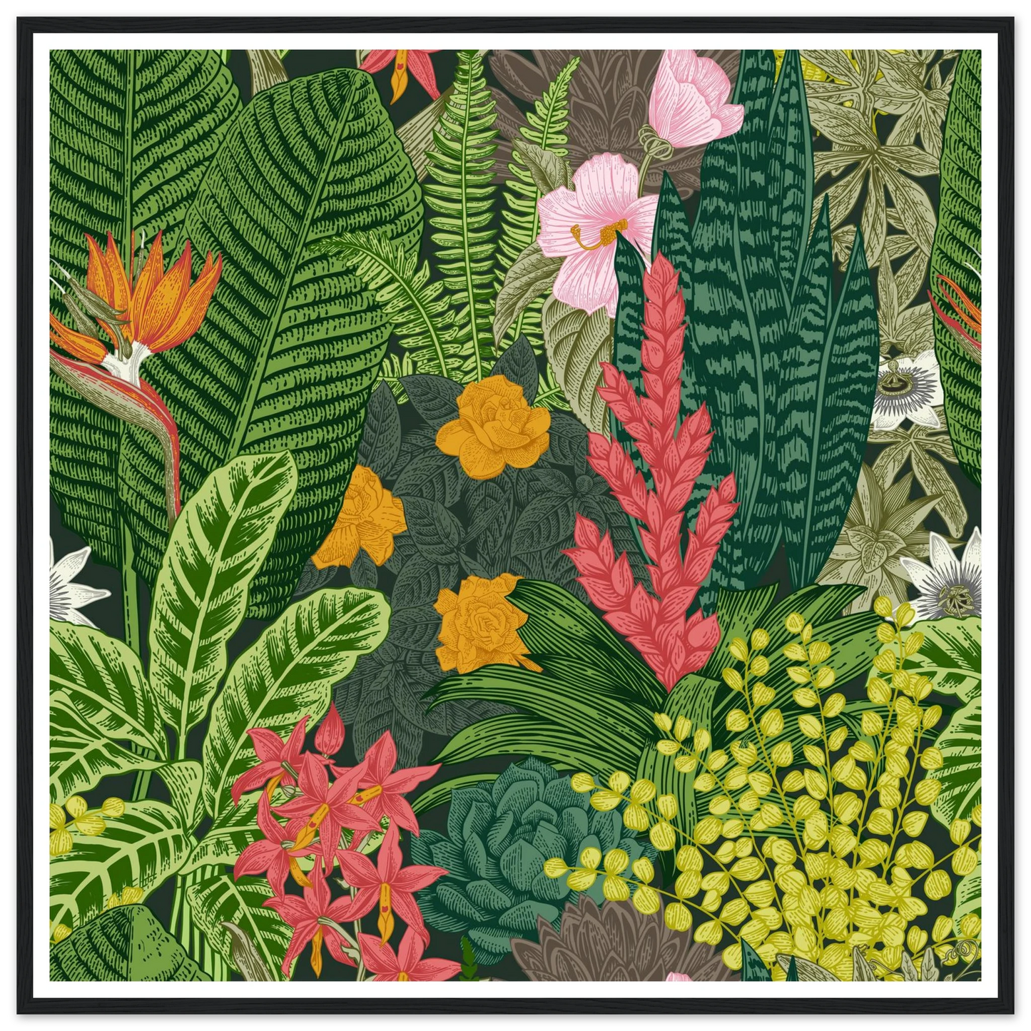 Jungle Terrarium Scene Art Print | William Morris Inspired - Framed Poster - 30x30 cm / 12x12″ - Black frame
