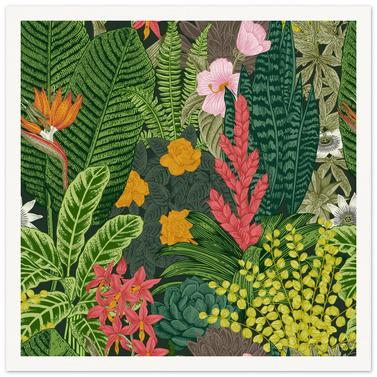 Jungle Terrarium Scene Art Print | William Morris Inspired - Framed Poster - 30x30 cm / 12x12″ - Black frame