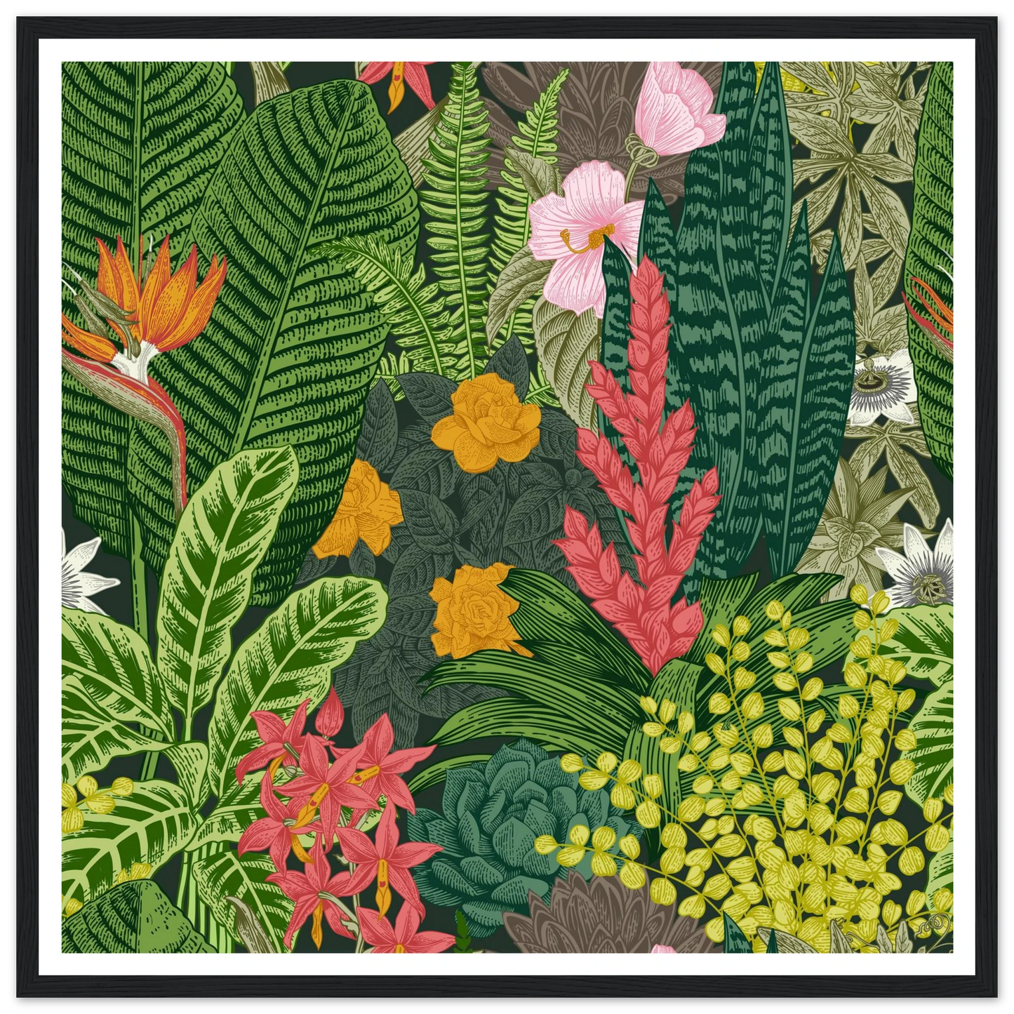 Jungle Terrarium Scene Art Print | William Morris Inspired - Framed Poster - 30x30 cm / 12x12″ - Black frame