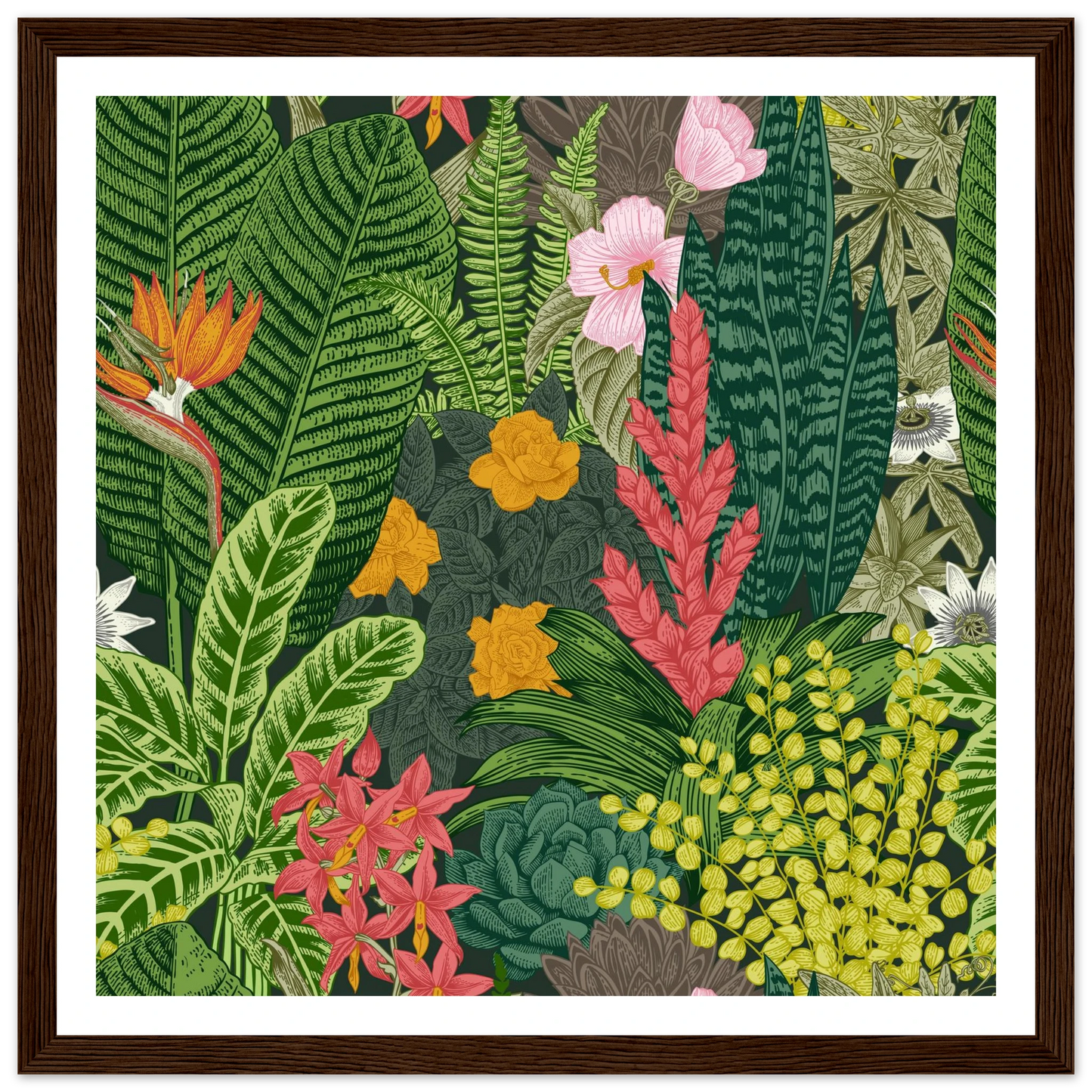 Jungle Terrarium Scene Art Print | William Morris Inspired - Framed Poster - 30x30 cm / 12x12″ - Black frame