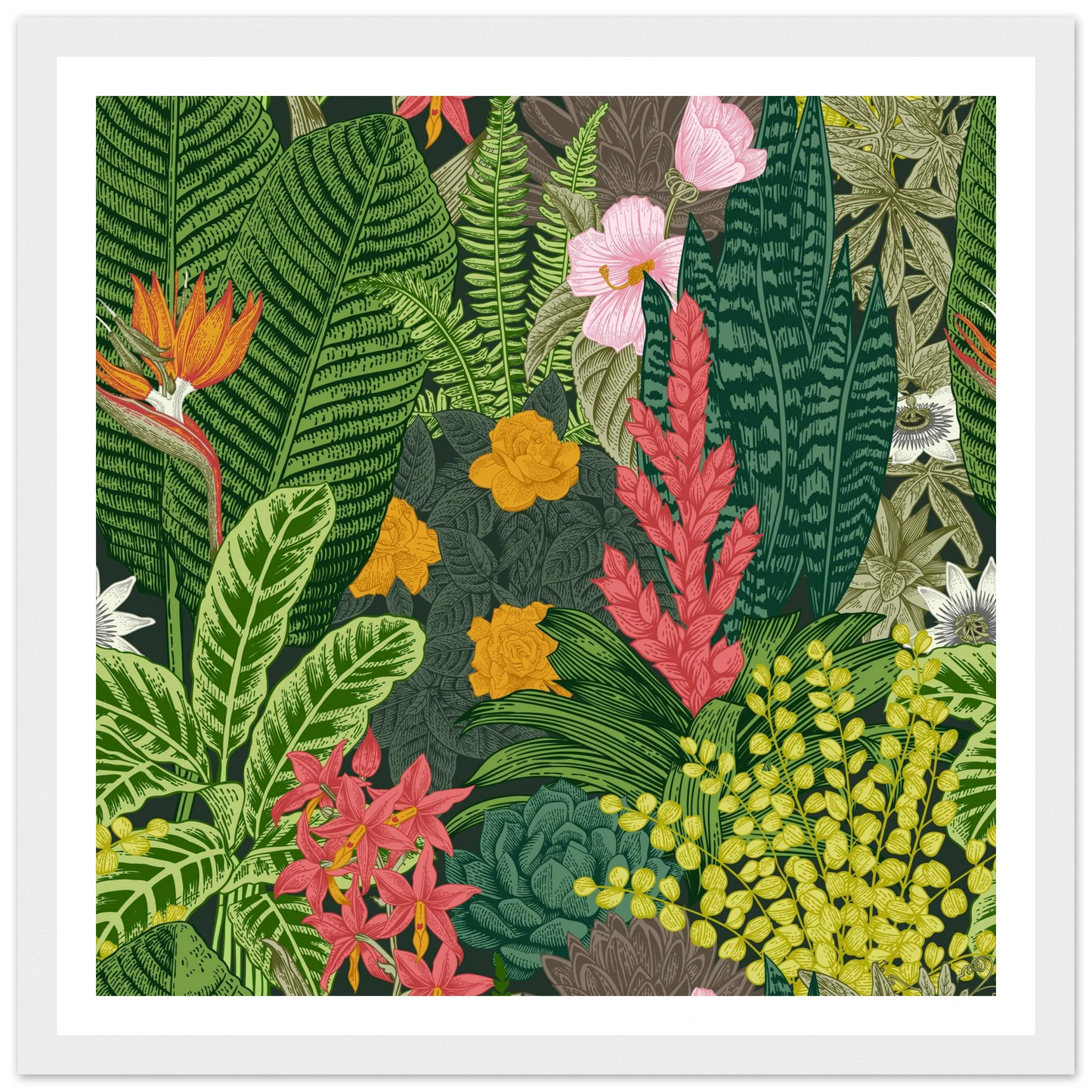 Jungle Terrarium Scene Art Print | William Morris Inspired - Framed Poster - 30x30 cm / 12x12″ - Black frame