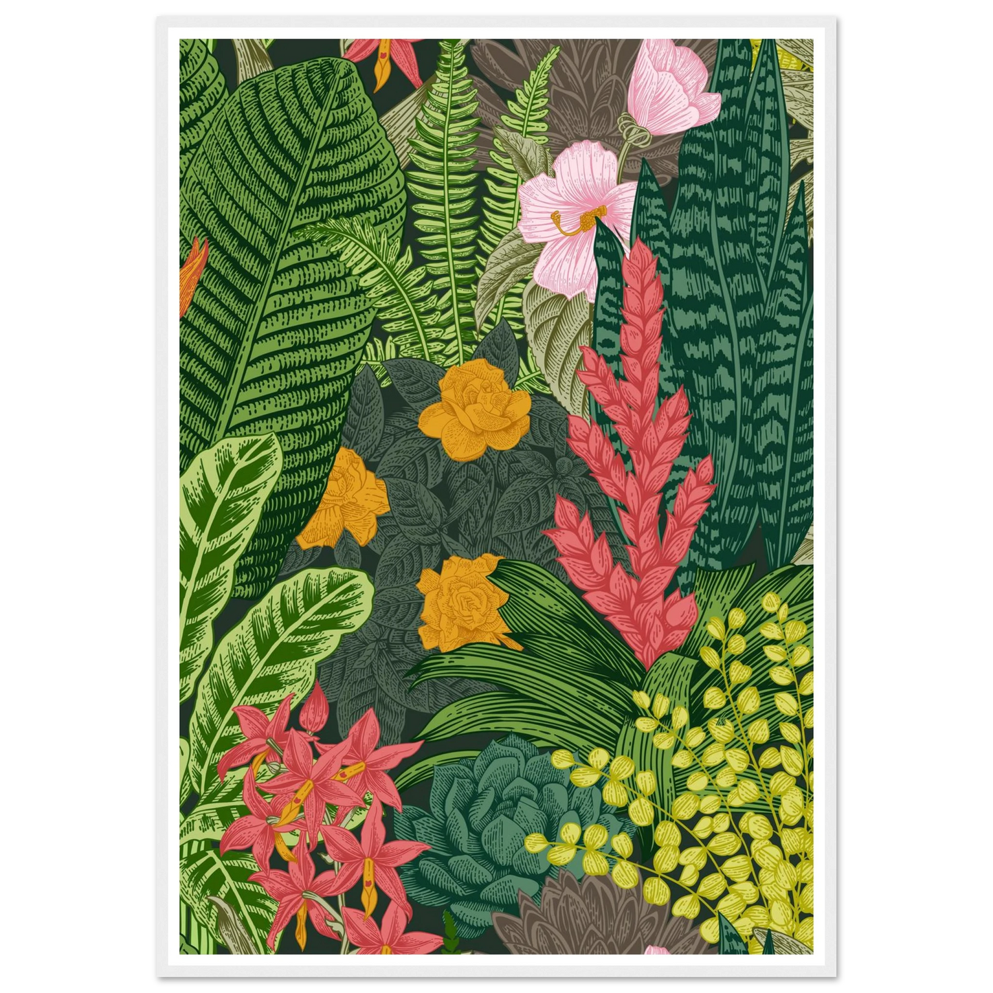Jungle Terrarium Scene Art Print | William Morris Inspired - Framed Poster - 30x30 cm / 12x12″ - Black frame