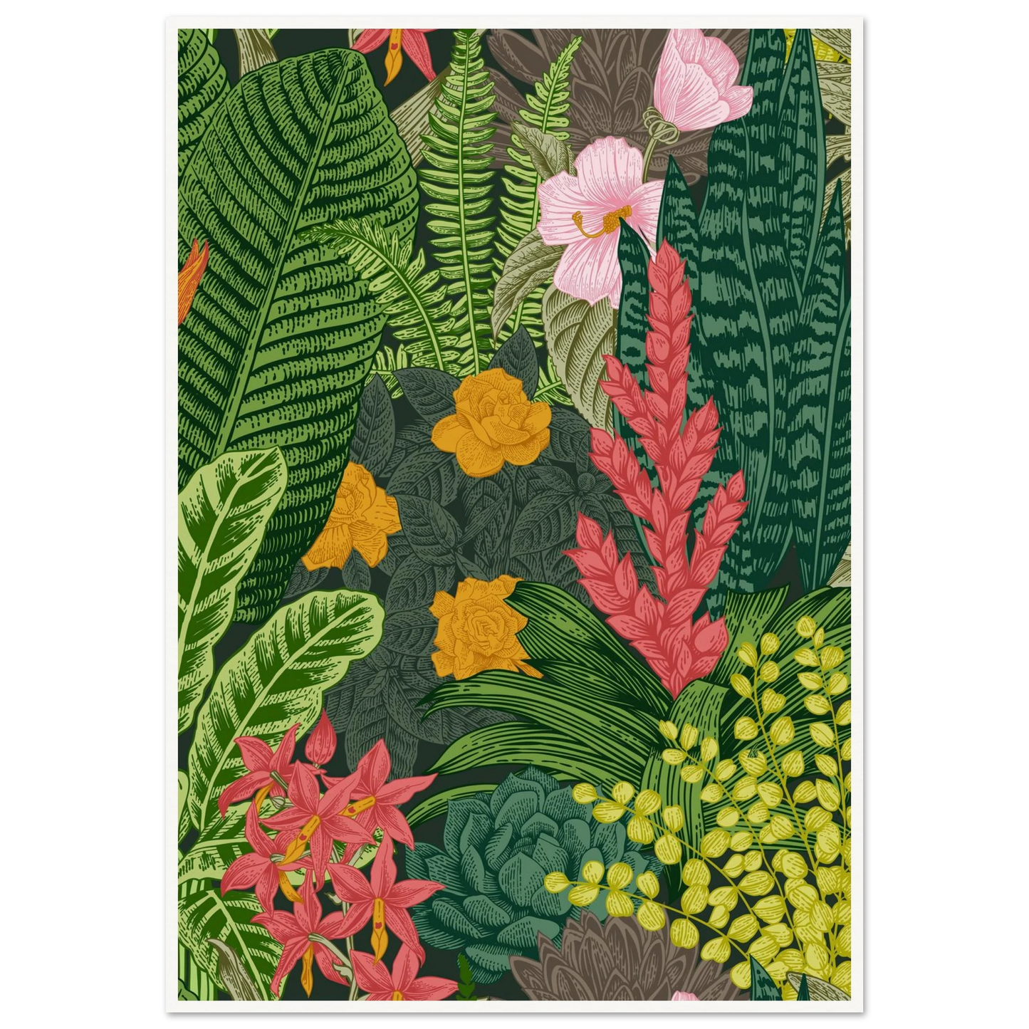 Jungle Terrarium Scene Art Print | William Morris Inspired - Framed Poster - 30x30 cm / 12x12″ - Black frame