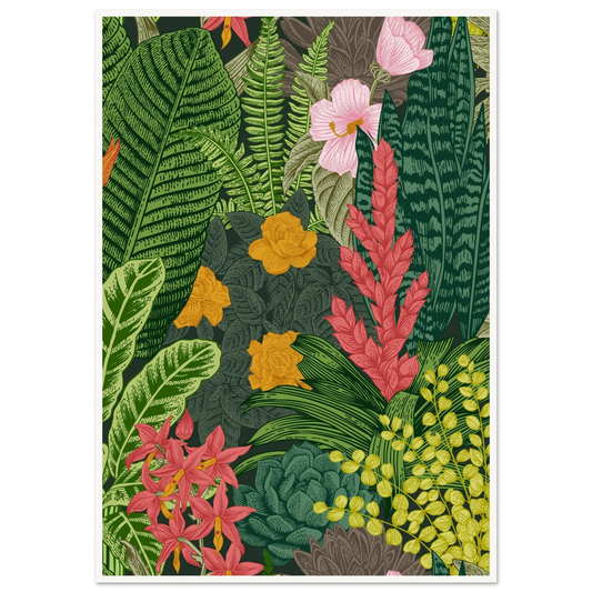 Jungle Terrarium Scene Art Print | William Morris Inspired - Framed Poster - 30x30 cm / 12x12″ - Black frame