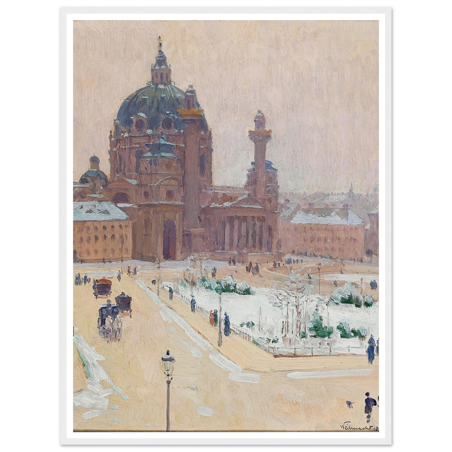 Karlskirche im Winter (Church of St. Charles in winter) (1902) Art Print | Carl Moll - Framed Poster - 30x40 cm / 12x16″ - Black frame