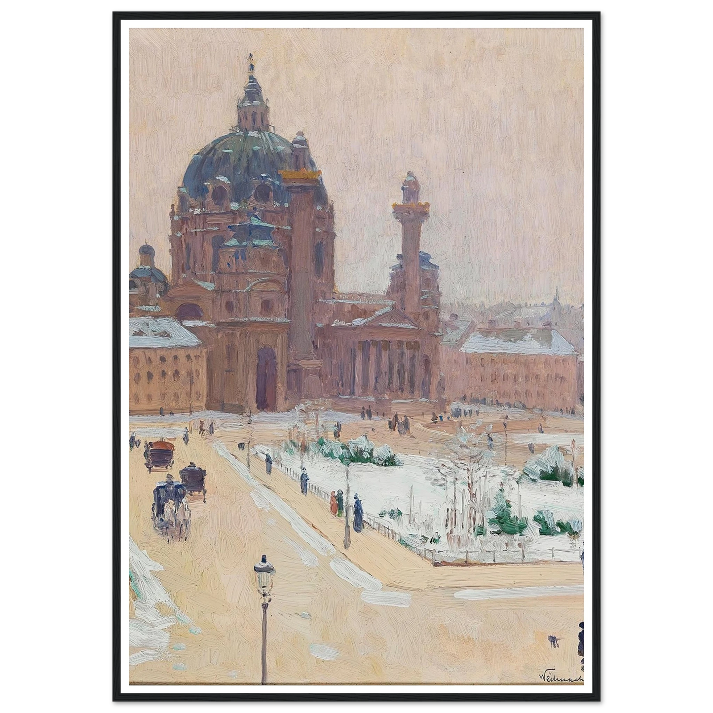 Karlskirche im Winter (Church of St. Charles in winter) (1902) Art Print | Carl Moll - Framed Poster - 30x40 cm / 12x16″ - Black frame