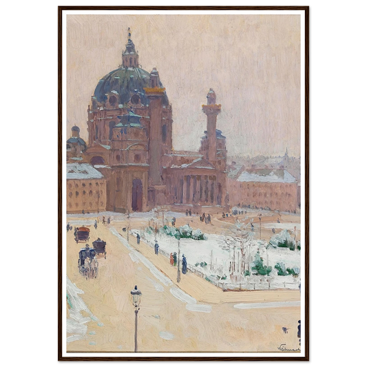 Karlskirche im Winter (Church of St. Charles in winter) (1902) Art Print | Carl Moll - Framed Poster - 30x40 cm / 12x16″ - Black frame