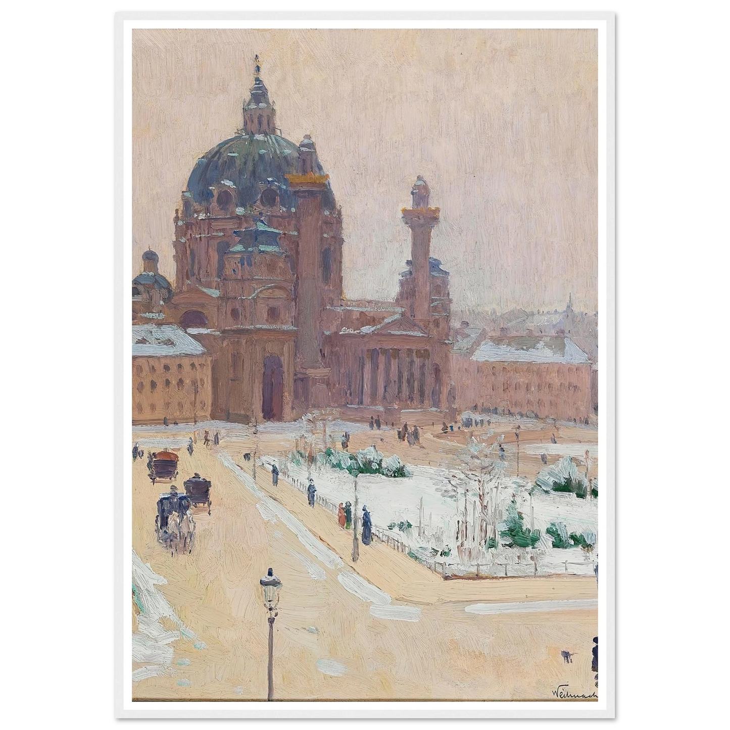 Karlskirche im Winter (Church of St. Charles in winter) (1902) Art Print | Carl Moll - Framed Poster - 30x40 cm / 12x16″ - Black frame