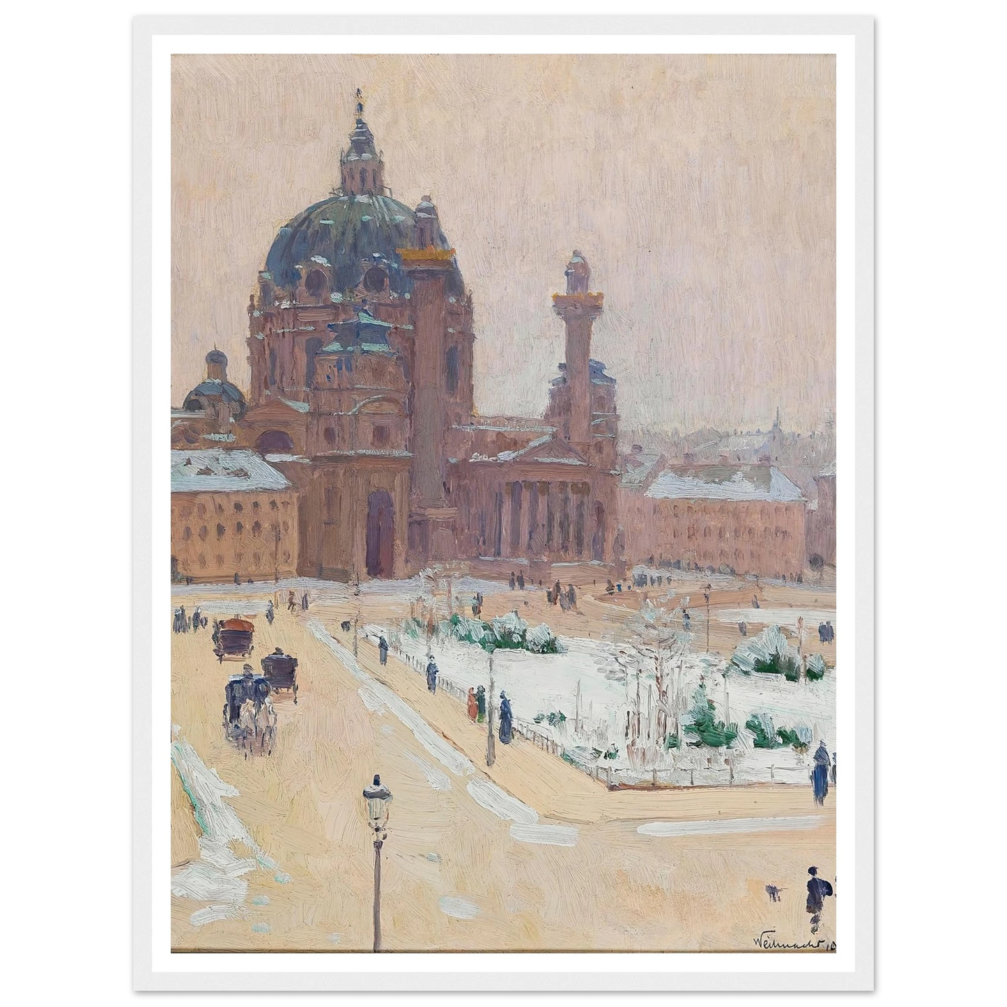Karlskirche im Winter (Church of St. Charles in winter) (1902) Art Print | Carl Moll - Framed Poster - 30x40 cm / 12x16″ - Black frame