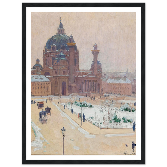 Karlskirche im Winter (Church of St. Charles in winter) (1902) Art Print | Carl Moll - Framed Poster - 30x40 cm / 12x16″ - Black frame