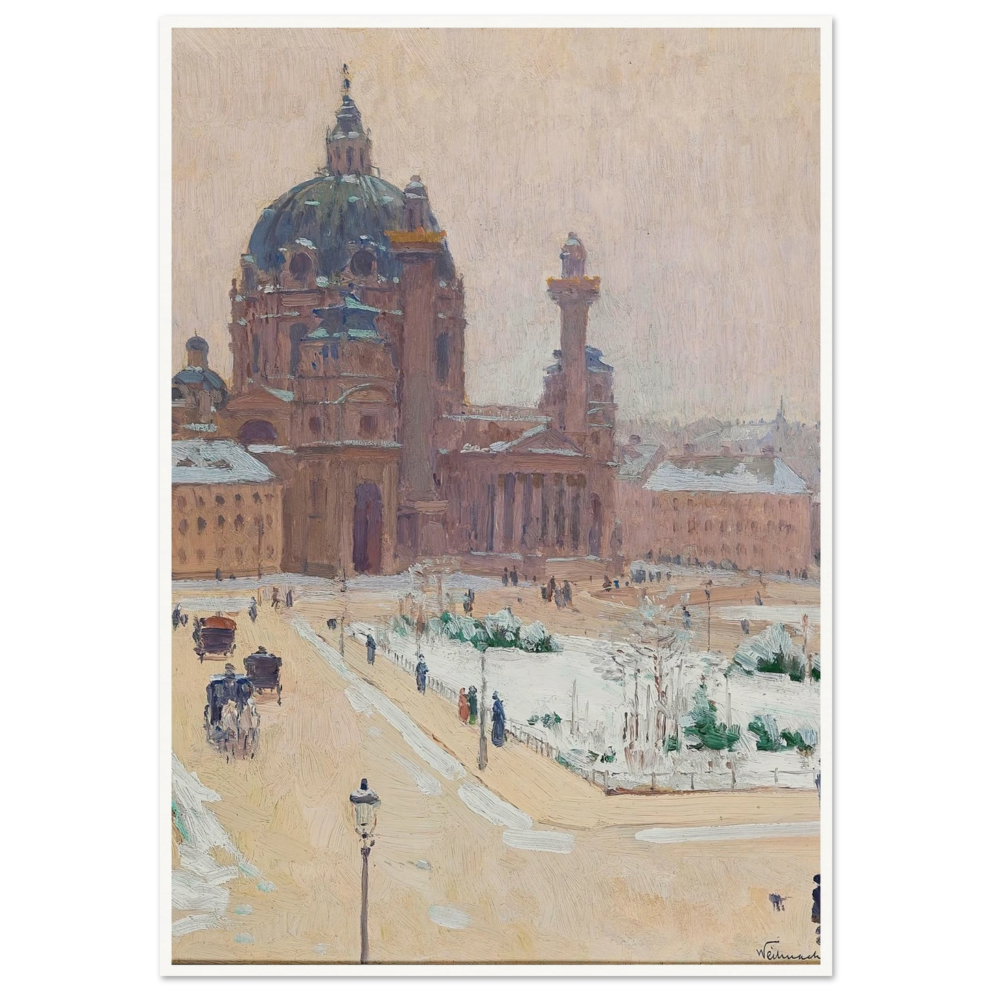 Karlskirche im Winter (Church of St. Charles in winter) (1902) Art Print | Carl Moll - Framed Poster - 30x40 cm / 12x16″ - Black frame