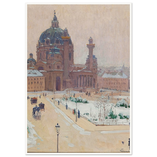 Karlskirche im Winter (Church of St. Charles in winter) (1902) Art Print | Carl Moll - Framed Poster - 30x40 cm / 12x16″ - Black frame