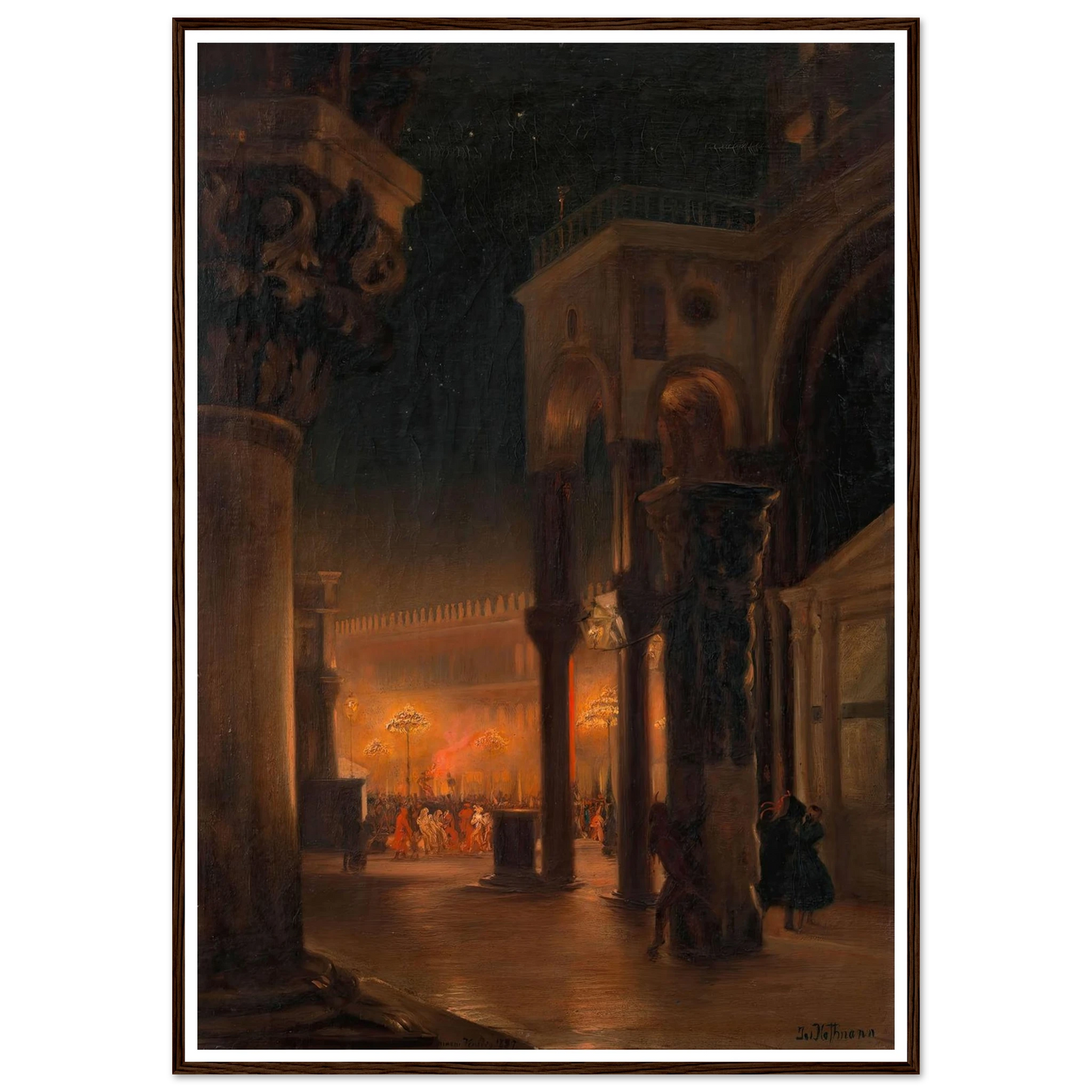 Karneval am Markusplatz in Venedig bei Nacht (1887) Art Print | Josef Hoffmann - Framed Poster - 30x40 cm / 12x16″ - Black frame