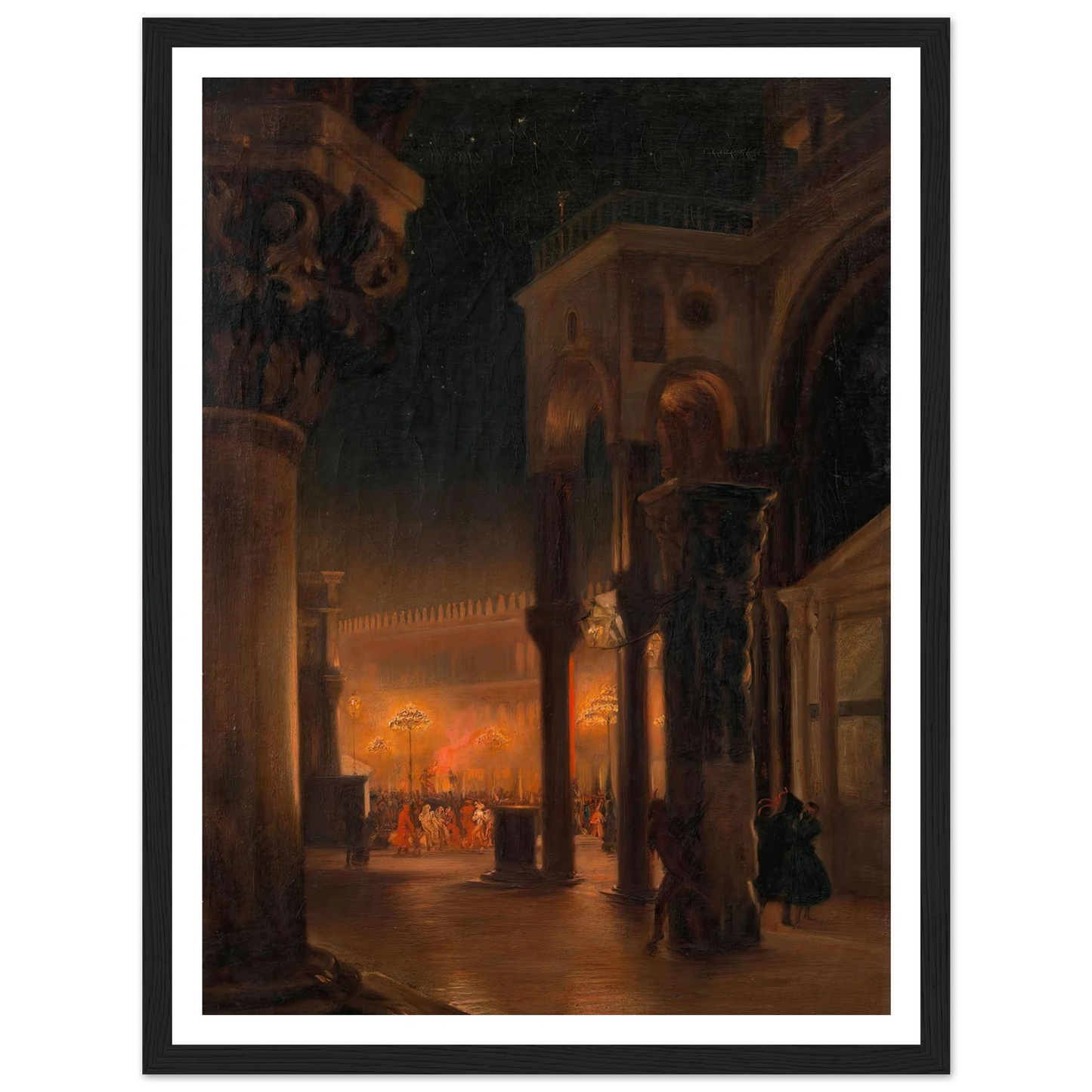 Karneval am Markusplatz in Venedig bei Nacht (1887) Art Print | Josef Hoffmann - Framed Poster - 30x40 cm / 12x16″ - Black frame