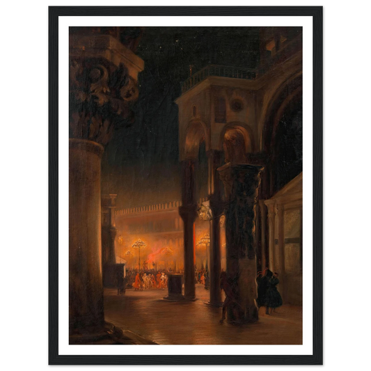 Karneval am Markusplatz in Venedig bei Nacht (1887) Art Print | Josef Hoffmann - Framed Poster - 30x40 cm / 12x16″ - Black frame