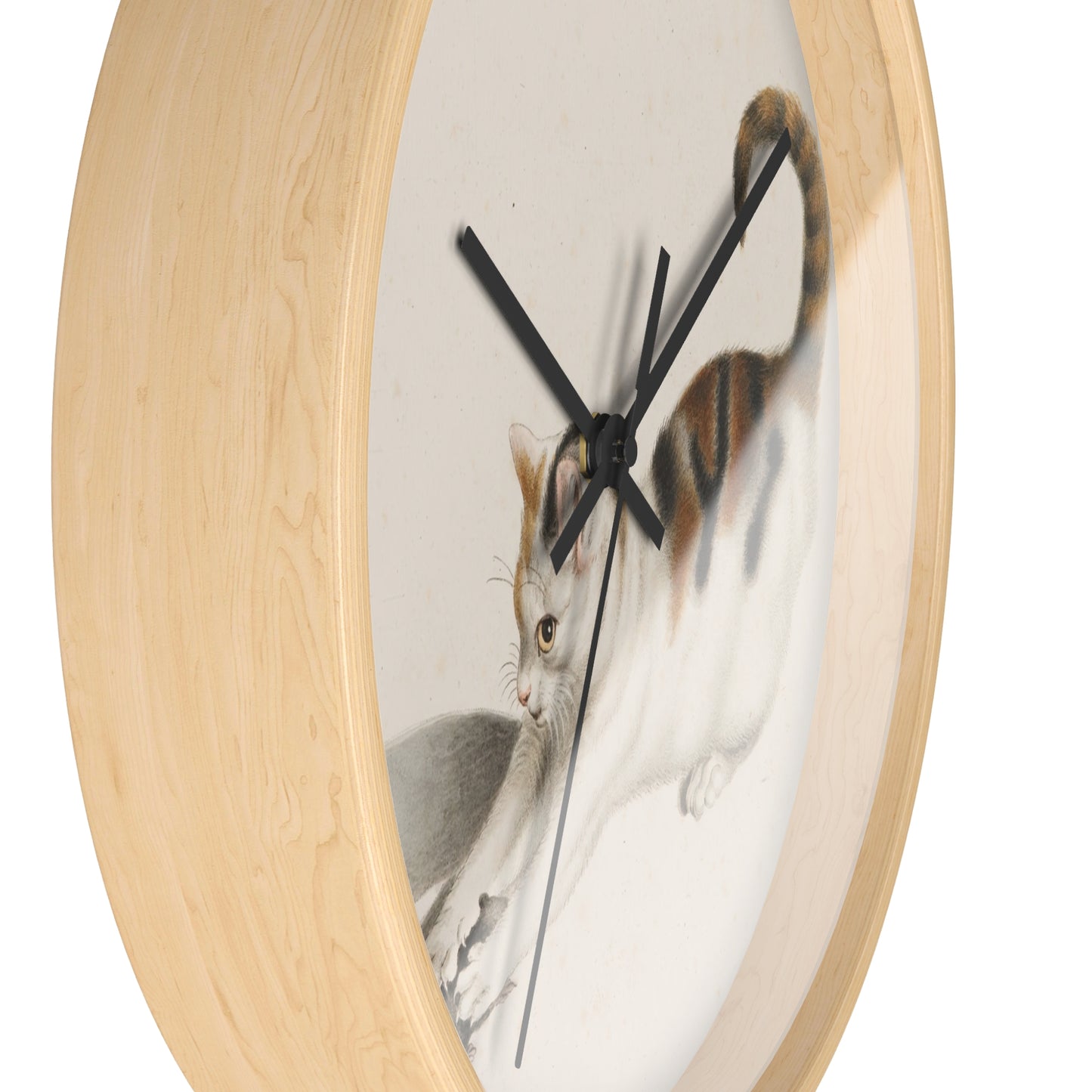 Katze, eine Maus ergreifend Wall Clock | Gottfried Mind - Black - Wooden Base - 10"