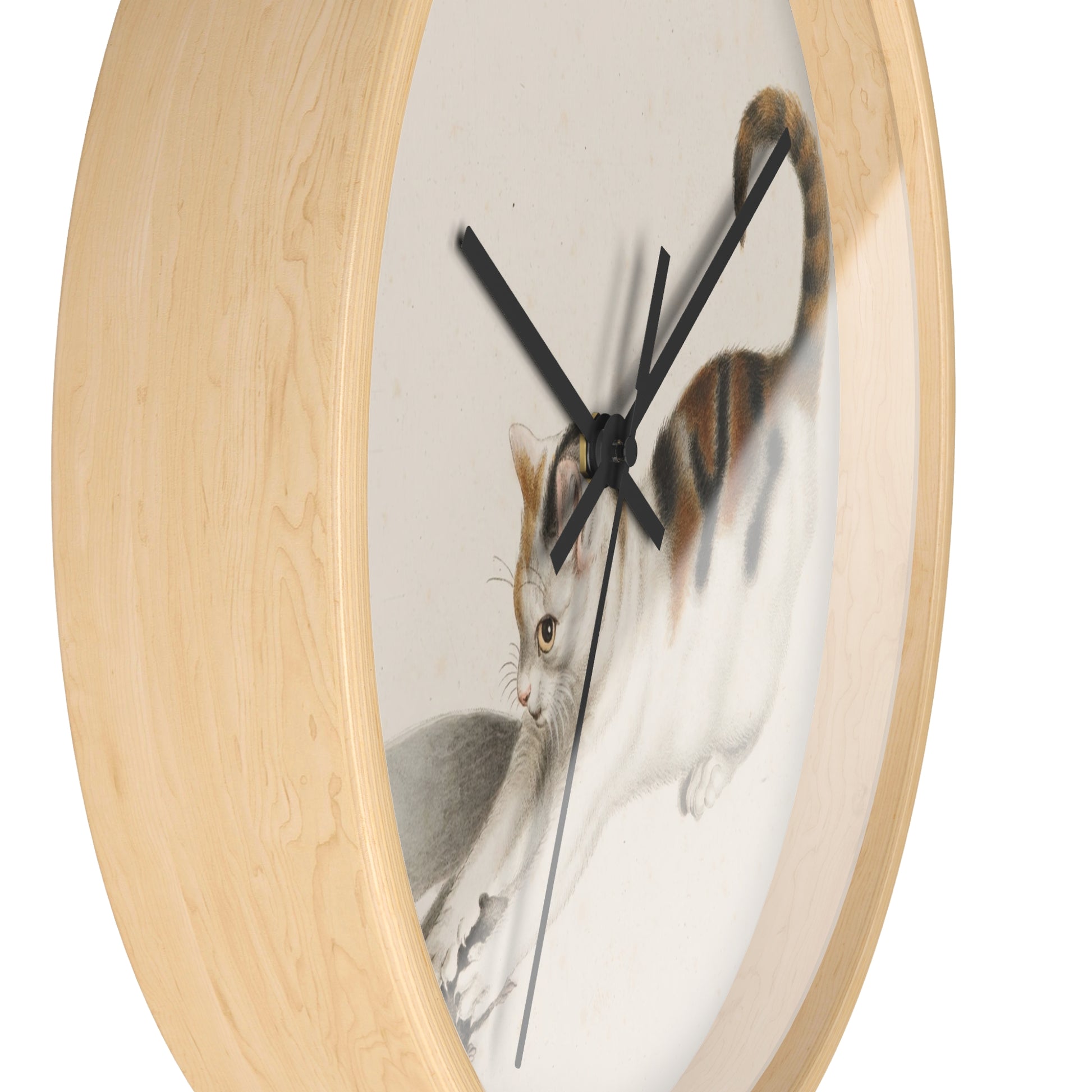 Katze, eine Maus ergreifend Wall Clock | Gottfried Mind - Black - Wooden Base - 10"