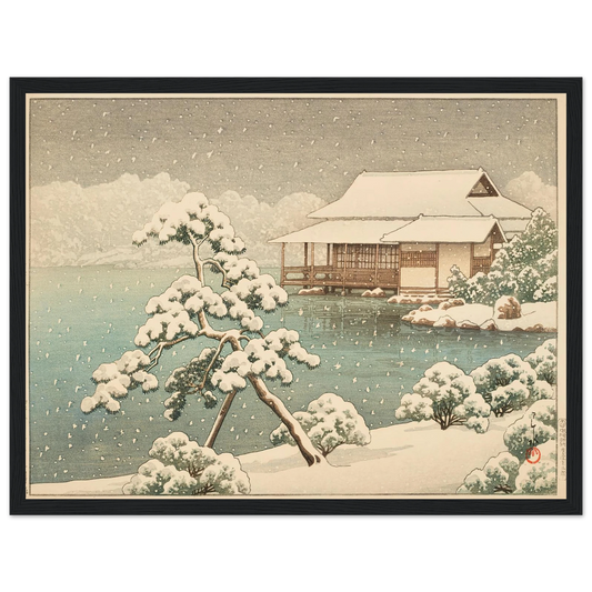Kiyosumien no yuki (Snow at Kiyosumi Park) (1938) Art Print | Kawase Hasui - Framed Poster - 30x40 cm / 12x16″ - Black frame