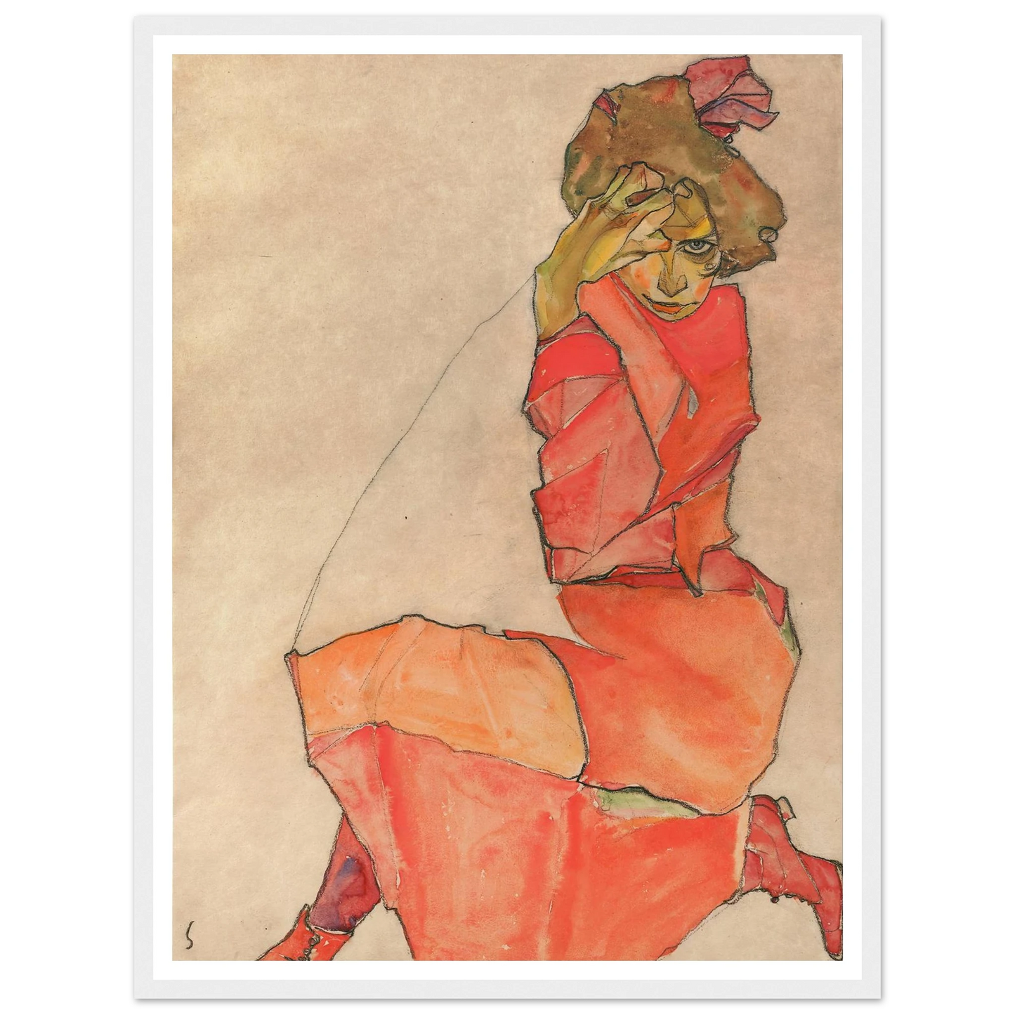Kneeling Female in Orange-Red Dress (1910) Art Print | Egon Schiele - Framed Poster - 30x40 cm / 12x16″ - Black frame