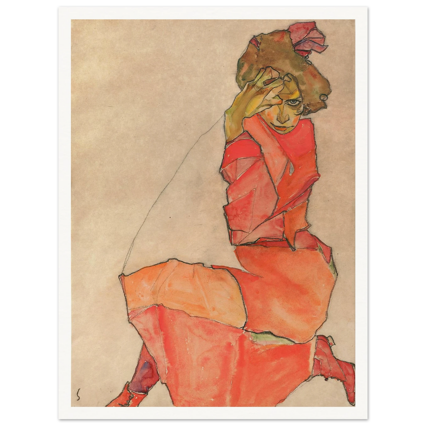 Kneeling Female in Orange-Red Dress (1910) Art Print | Egon Schiele - Framed Poster - 30x40 cm / 12x16″ - Black frame