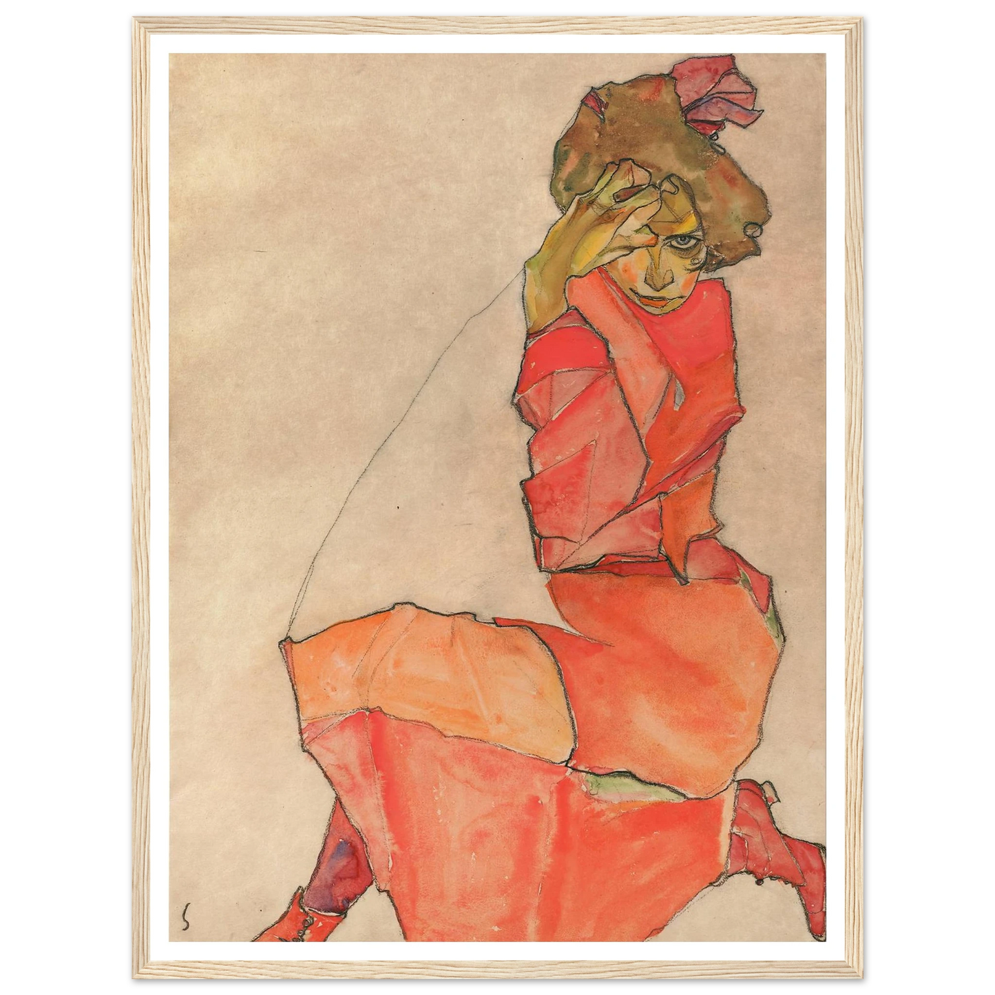 Kneeling Female in Orange-Red Dress (1910) Art Print | Egon Schiele - Framed Poster - 30x40 cm / 12x16″ - Black frame