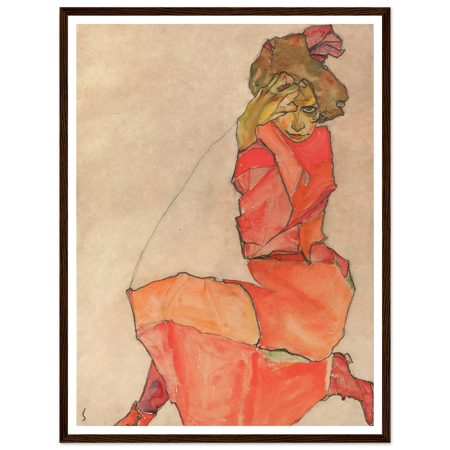 Kneeling Female in Orange-Red Dress (1910) Art Print | Egon Schiele - Framed Poster - 30x40 cm / 12x16″ - Black frame