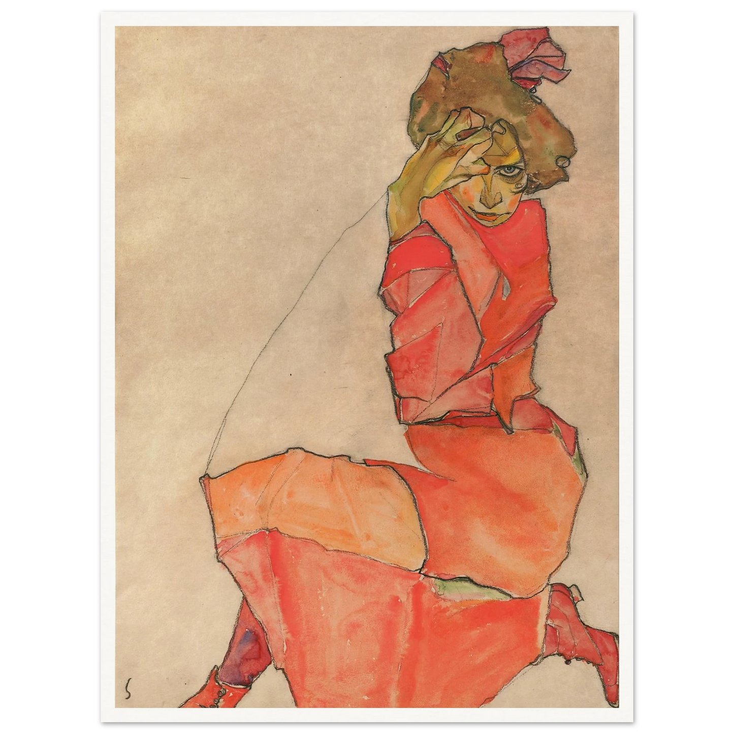 Kneeling Female in Orange-Red Dress (1910) Art Print | Egon Schiele - Framed Poster - 30x40 cm / 12x16″ - Black frame