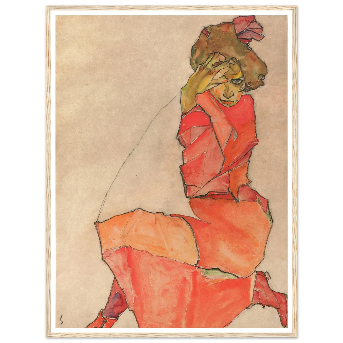 Kneeling Female in Orange-Red Dress (1910) Art Print | Egon Schiele - Framed Poster - 30x40 cm / 12x16″ - Black frame