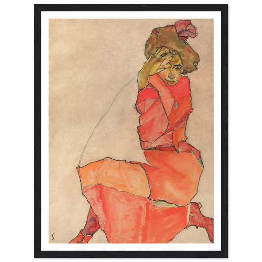 Kneeling Female in Orange-Red Dress (1910) Art Print | Egon Schiele - Framed Poster - 30x40 cm / 12x16″ - Black frame