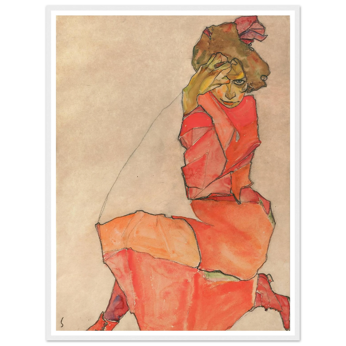 Kneeling Female in Orange-Red Dress (1910) Art Print | Egon Schiele - Framed Poster - 30x40 cm / 12x16″ - Black frame