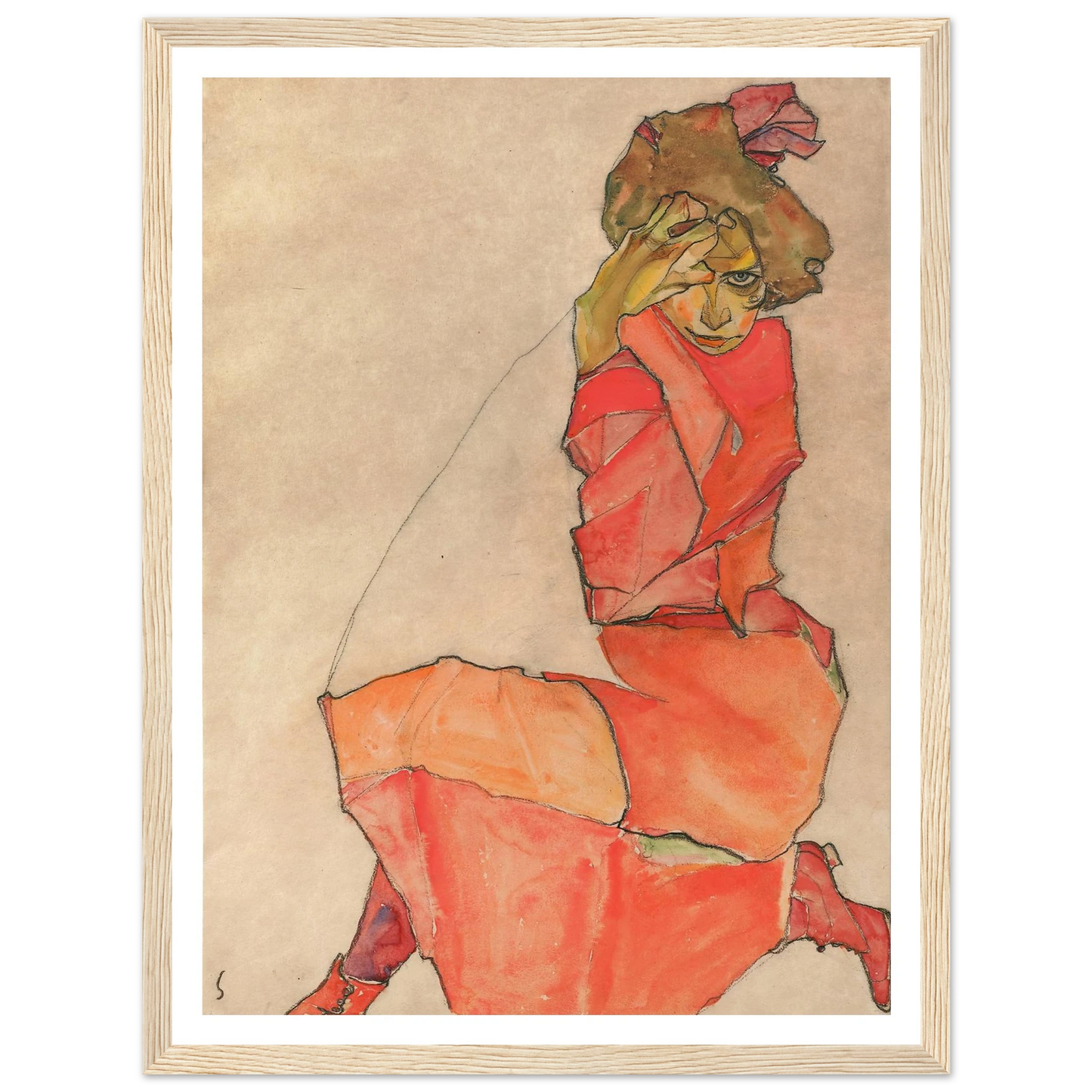 Kneeling Female in Orange-Red Dress (1910) Art Print | Egon Schiele - Framed Poster - 30x40 cm / 12x16″ - Black frame