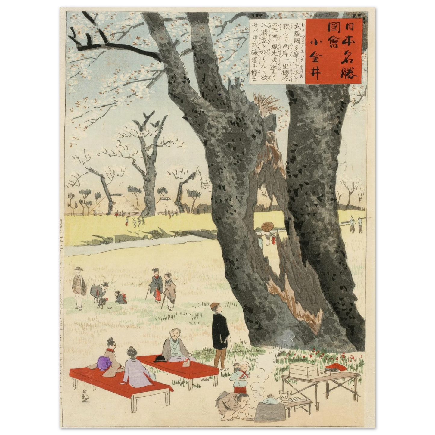 Koganei, Cherry Blossoms (1896) Art Print | Kobayashi Kiyochika - Framed Poster - 30x40 cm / 12x16″ - Black frame