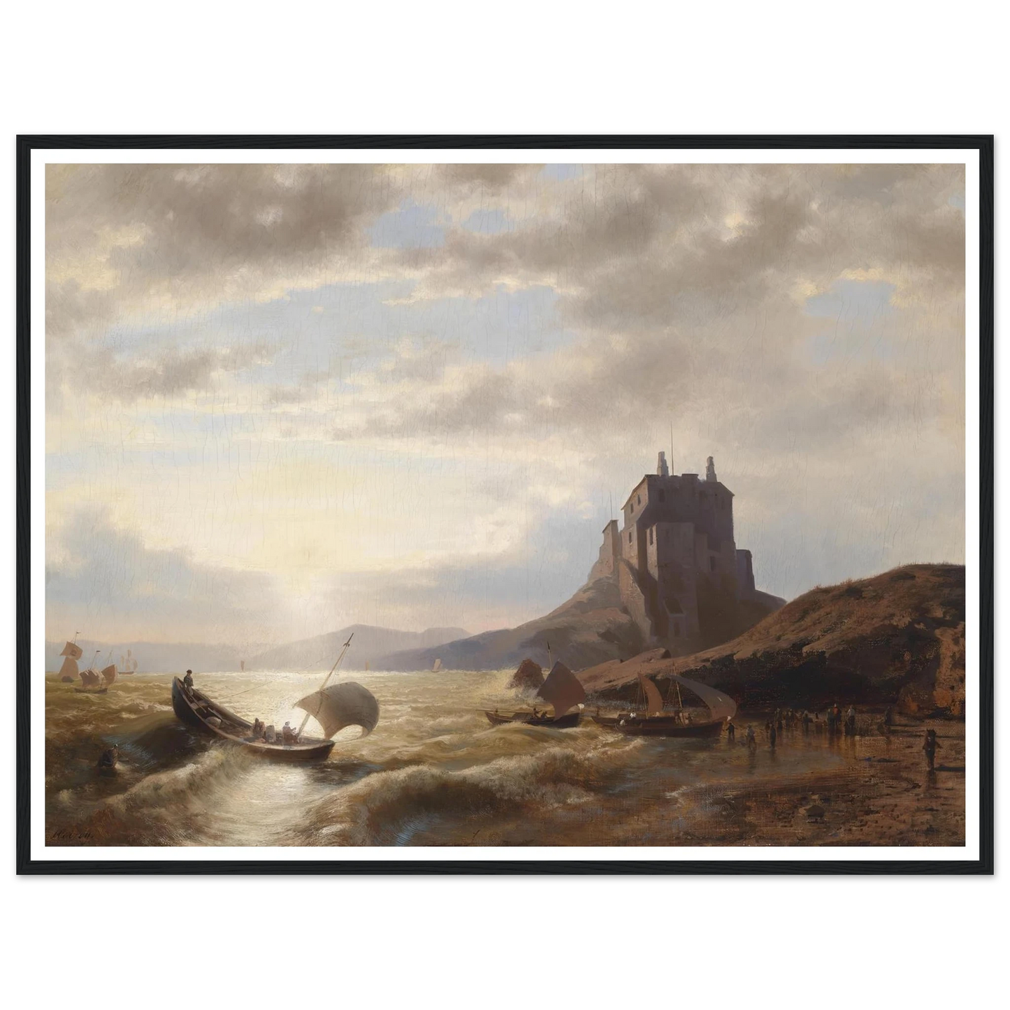 Küstenlandschaft mit Fischern Art Print | Hermann Ottomar Herzog - Framed Poster - 30x40 cm / 12x16″ - Black frame