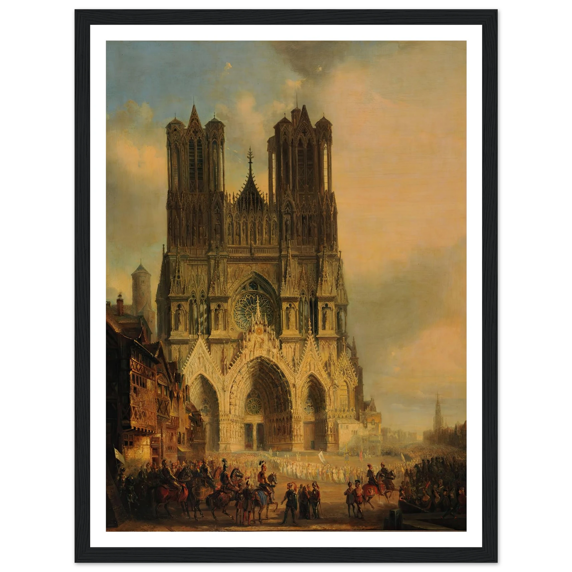 La façade de la Cathédrale de Reims avec une procession médiévale et un cortège au premier plan (1825-1838) Art Print | David Roberts - Framed Poster - 30x40 cm / 12x16″ - Black frame