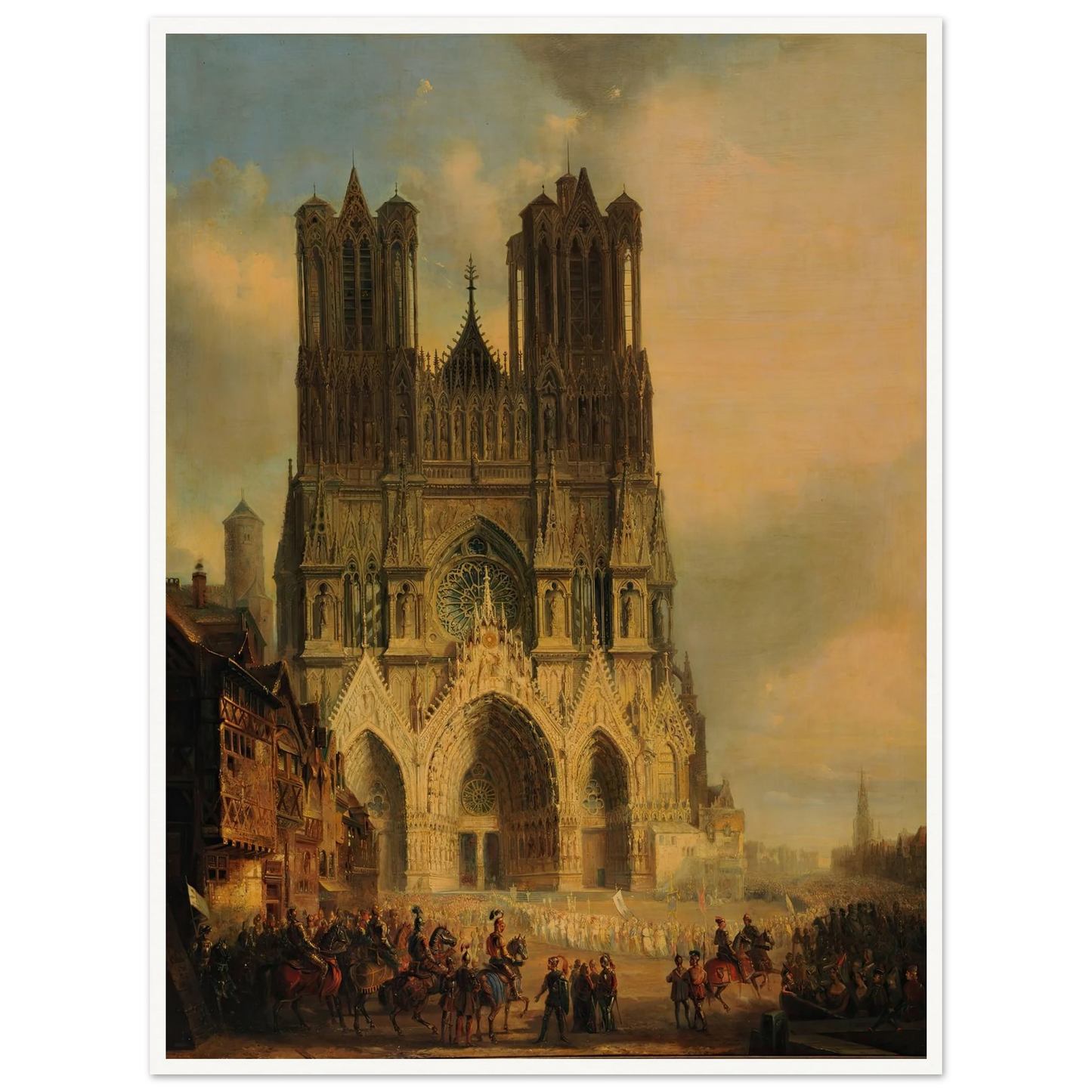 La façade de la Cathédrale de Reims avec une procession médiévale et un cortège au premier plan (1825-1838) Art Print | David Roberts - Framed Poster - 30x40 cm / 12x16″ - Black frame