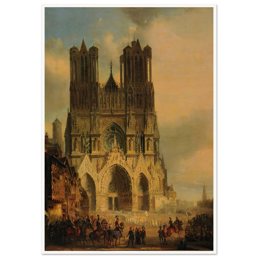 La façade de la Cathédrale de Reims avec une procession médiévale et un cortège au premier plan (1825-1838) Art Print | David Roberts - Framed Poster - 30x40 cm / 12x16″ - Black frame